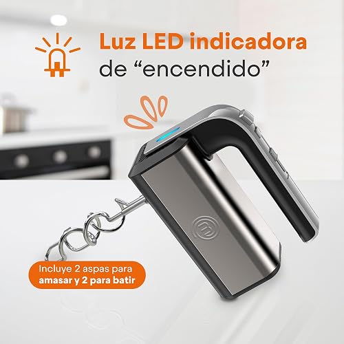 Hukën x MasterChef | Batidora de Mano MIX+ 300W | 5 Velocidades + Función Turbo | Tecnología Turbo Mix | Acero Inoxidable | Botón Expulsor | Luz LED de Encendido | 2 Batidores + 2 Ganchos para Amasar