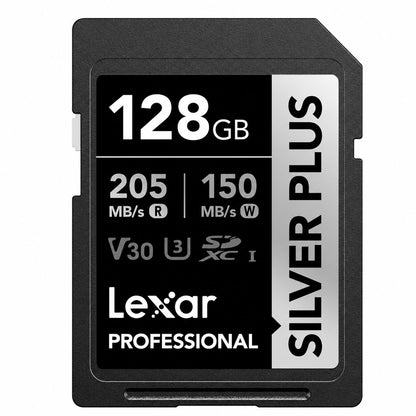 Lexar Profesional SD Silver Plus de 128GB SDXC UHS-I V30, hasta 205MB/s de Lectura y hasta 150MB/s de Escritura