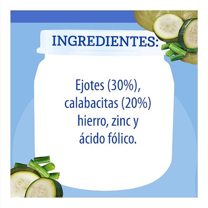 Gerber Papilla Etapa 2, A Partir de 6 Meses, Adicionado con Hierro y Zinc, Ejotes y Calabazas, Paquete de 12 Frascos de 113 g c/u