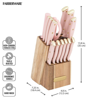 Farberware Juego de 15 cuchillos de acacia triple remachado, cuchillos de cocina de acero inoxidable de alto carbono con asas ergonómicas, juego de cuchillos afilados, rosa y dorado
