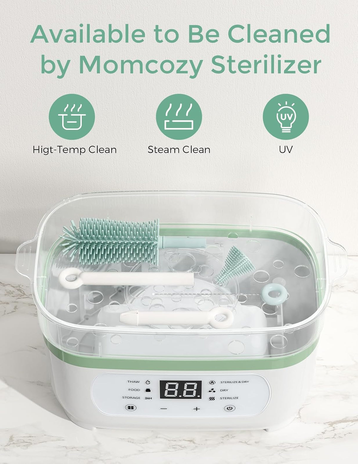 Momcozy Juego de Cepillos para Biberones, Kit de Limpieza 7 en 1 con Cepillo de Silicona, Chupones y Popotes, Dispensador de Jabón y Estante de Secado, para Casa y Viaje, Verde
