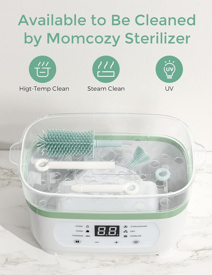Momcozy Juego de Cepillos para Biberones, Kit de Limpieza 7 en 1 con Cepillo de Silicona, Chupones y Popotes, Dispensador de Jabón y Estante de Secado, para Casa y Viaje, Verde