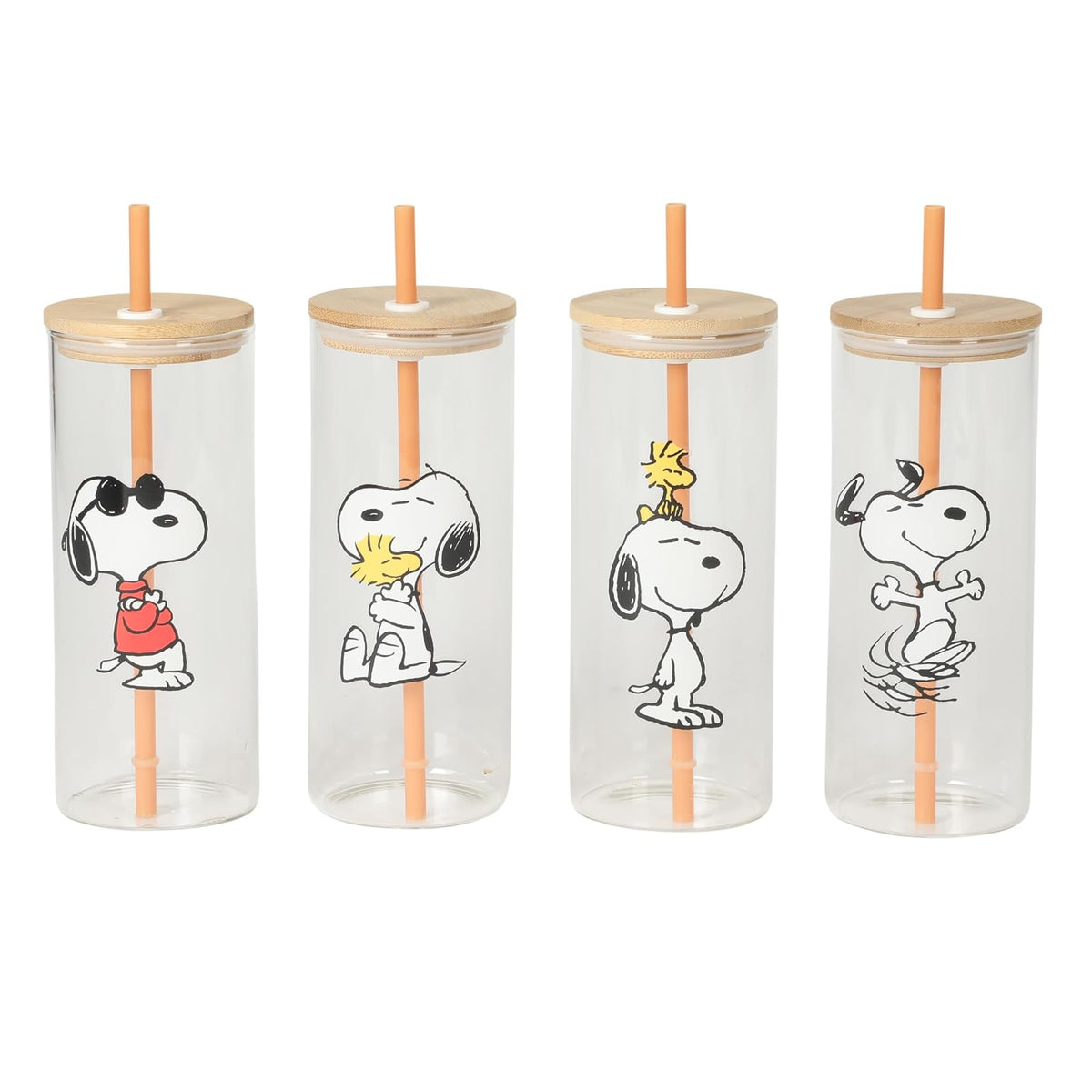 Peanuts Snoopy Vaso de Vidrio con Tapa y Popote 40 oz - 23 Ounces - Vasos Happy Sips de 23 onzas