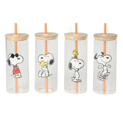 Peanuts Snoopy Vaso de Vidrio con Tapa y Popote 40 oz - 23 Ounces - Vasos Happy Sips de 23 onzas
