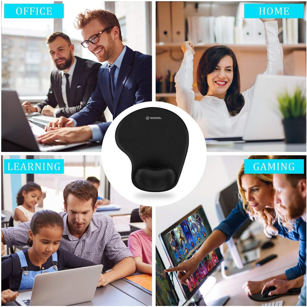 Soqool - Juego de 2 Almohadillas para Orejas ergonómicas para Mouse con cómodo Apoyo de Gel para reposamuñecas y paño de Licra, Base de Poliuretano Antideslizante para facilitar el Alivio del Dolor