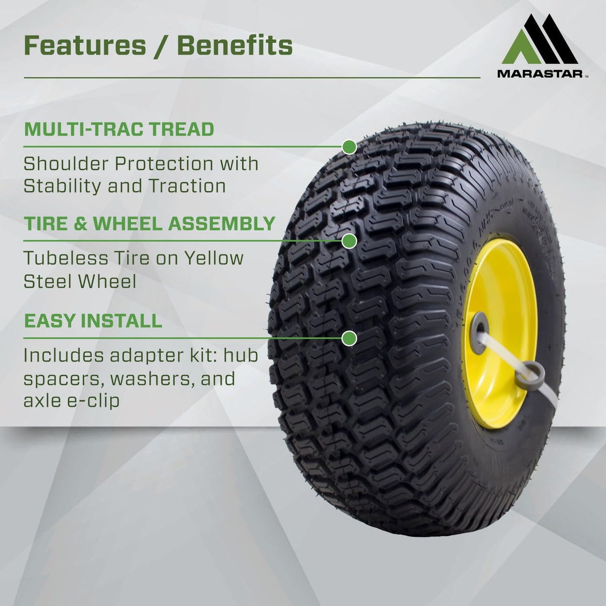 MARASTAR 21426 - Montaje de neumático y rueda de 15 x 6.00-6, repuesto para cortacésped de césped delantero compatible con cortacéspedes John Deere serie 100 y 300