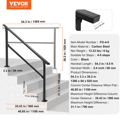VEVOR Pasamanos de Exterior para Escalera Kit de para 4 a 5 Escalones Tubo Cuadrado con Barra Horizontal Rieles de Soporte de Acero al Carbono para Escaleras de Hormigón, Terraza, Negro