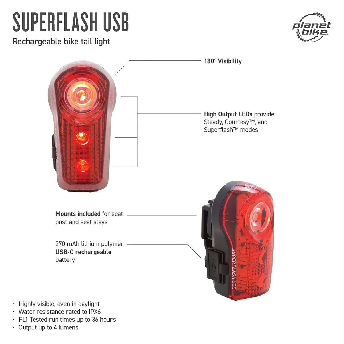 Planet Bike Superflash - Luz Trasera USB para Bicicleta