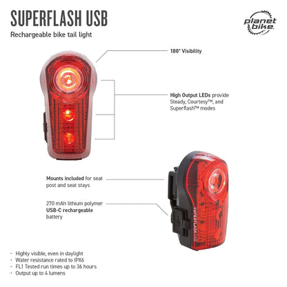Planet Bike Superflash - Luz Trasera USB para Bicicleta