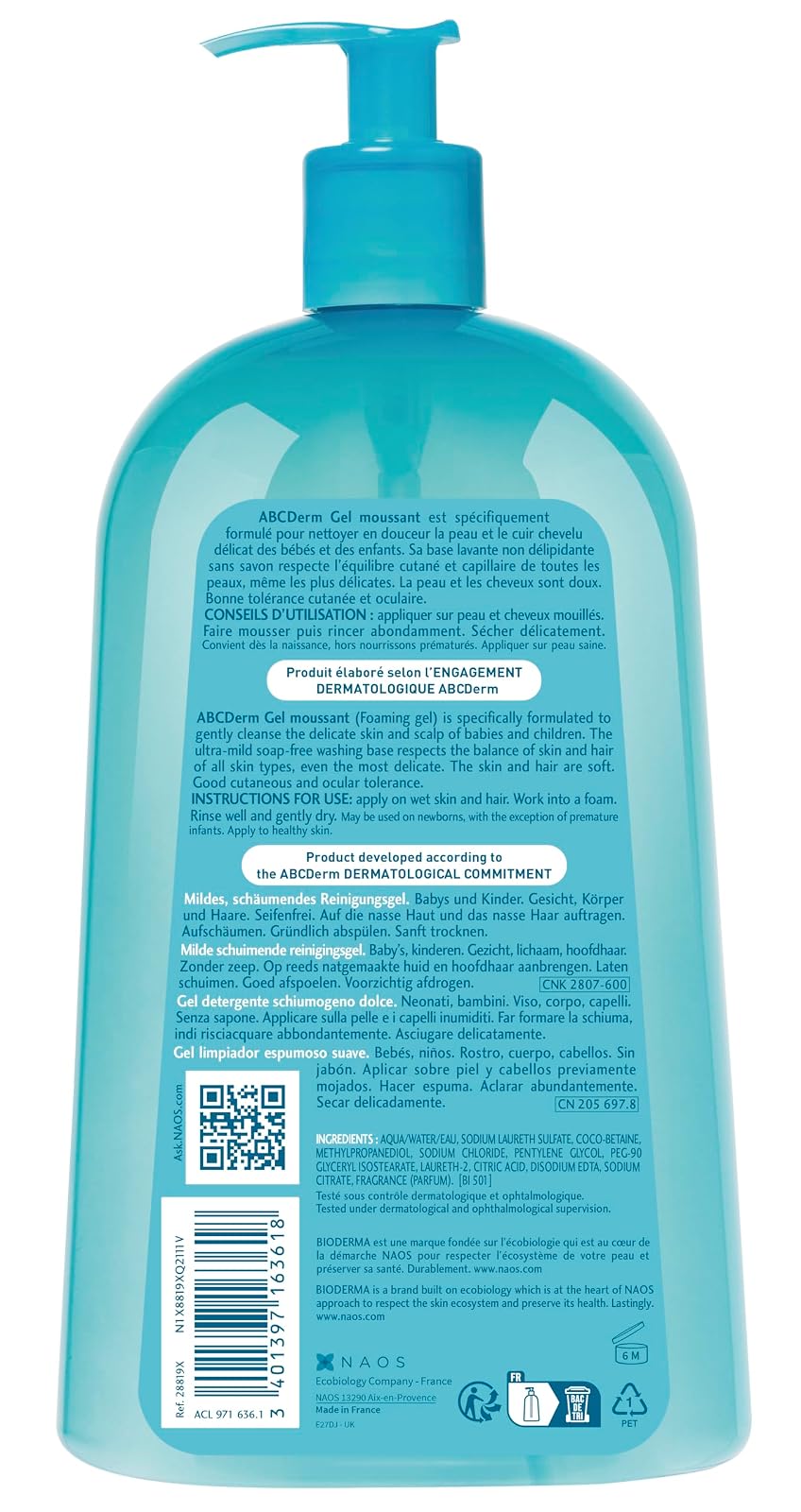 Bioderma - ABCDerm - Gel espumoso - Lavado suave para bebés - Limpiador sin jabón - Gel corporal para pieles delicadas de bebés y niños