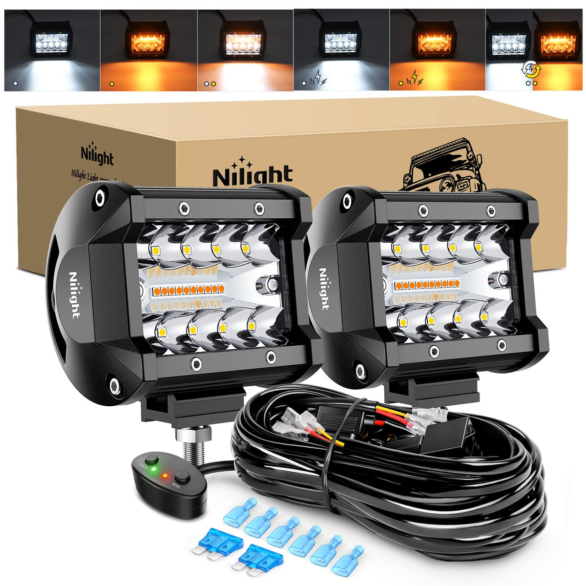 Nilight - 2 cápsulas LED de 4 pulgadas y 60 W, barra de luz blanca ámbar, luz estroboscópica, 6 modos, función de memoria, todoterreno, camión, ATV, SUV, cabina, barco con kit de arnés de cableado de 16 AWG, 2 cables, 2 años de garantía