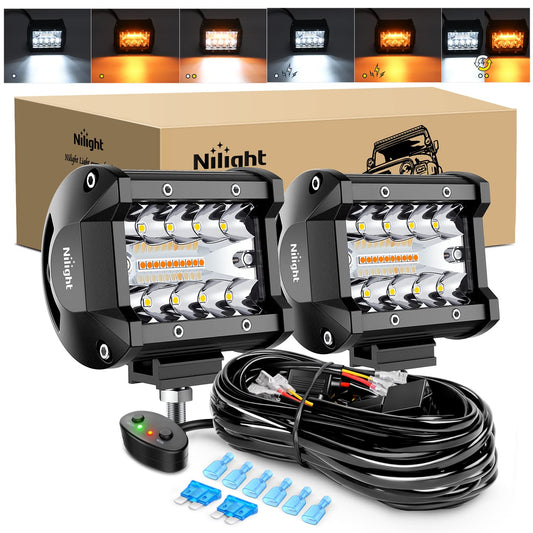 Nilight - 2 cápsulas LED de 4 pulgadas y 60 W, barra de luz blanca ámbar, luz estroboscópica, 6 modos, función de memoria, todoterreno, camión, ATV, SUV, cabina, barco con kit de arnés de cableado de 16 AWG, 2 cables, 2 años de garantía
