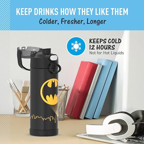 THERMOS FUNTAINER Botella aislada al vacío de acero inoxidable de 16 onzas con tapa de boquilla ancha, Batman