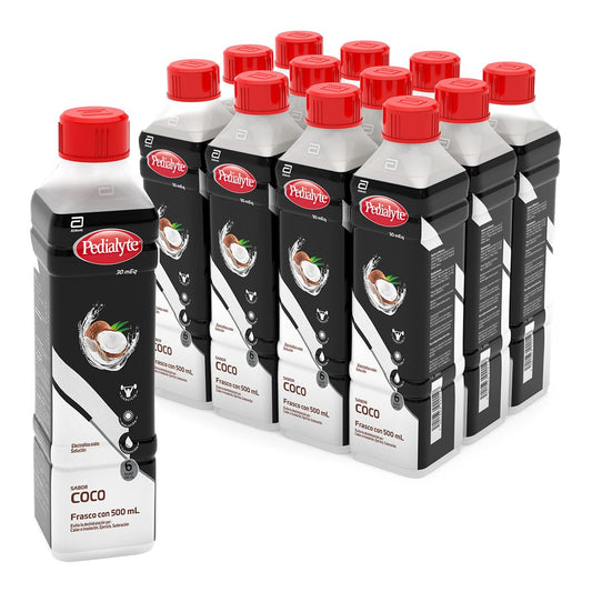 Pedialyte - Electrolitos Orales, 30 mEq, Solución Oral Sabor Coco 500ml - Caja con 12 piezas, Auxiliar en la Deshidratación por Diarrea, Vómito y Ejercicio