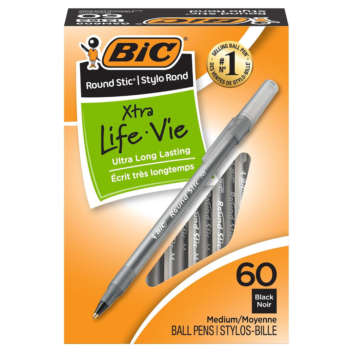 BIC Round Stic Xtra Life Bolígrafo, punta mediana, 60 unidades