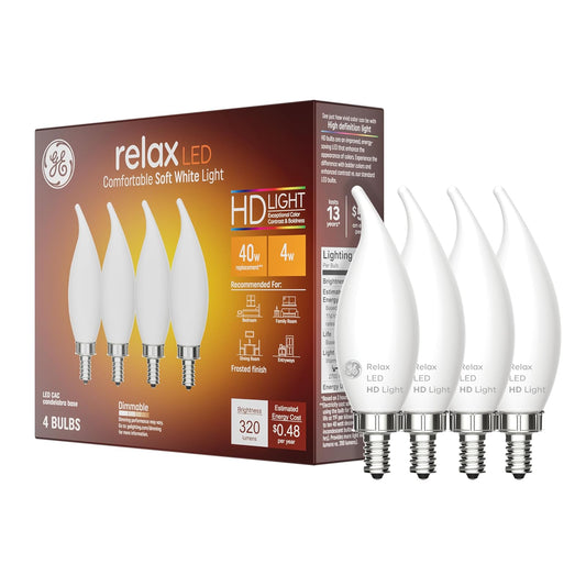 GE Relax - Bombillas LED para lámpara de araña (LED, punta curvada, 40 W, 4 unidades), color blanco esmerilado, regulable, E12