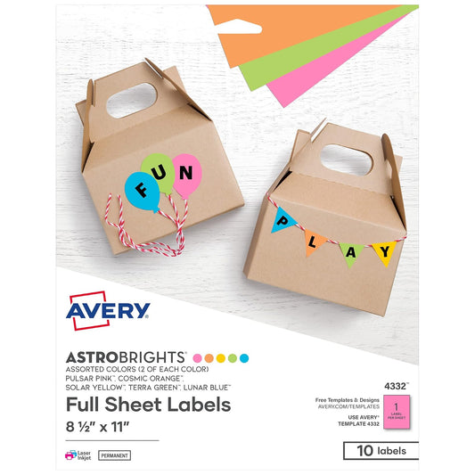 Avery Astrobrights Color Easy Peel Full-Sheet Labels, 8-1/2" x 11", Pack of 10 (4332)