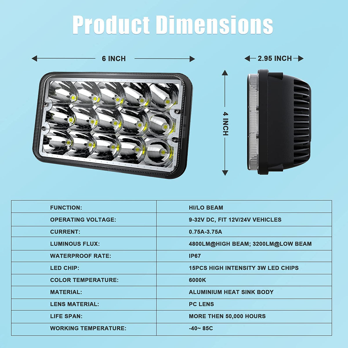 Lpteso RO-YY-4X6-4PCS-BL 4 Faros LED 4x6 in Haz Alto/Bajo con Halo Azul para Peterbilt Kenworth