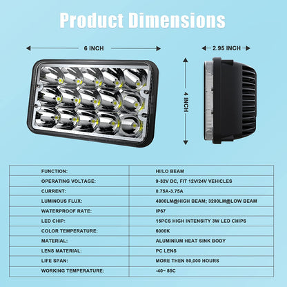 Lpteso RO-YY-4X6-4PCS-BL 4 Faros LED 4x6 in Haz Alto/Bajo con Halo Azul para Peterbilt Kenworth
