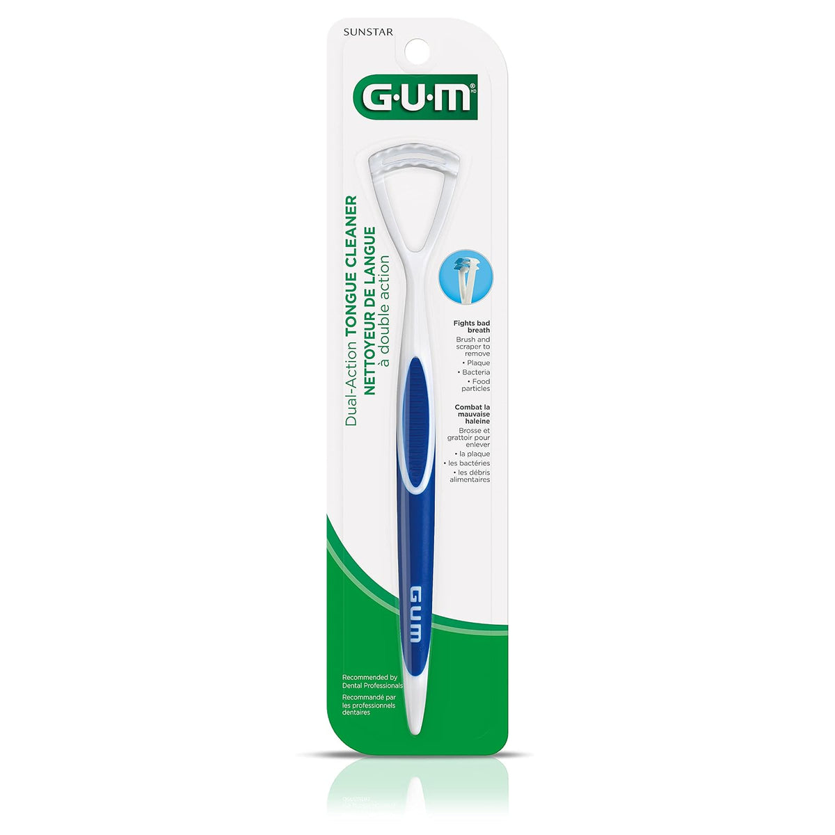 GUM Limpiador de lengua – cepillo para polvo de lengua de cerdas suaves de doble acción con raspador de lengua para una mejor higiene bucal, tratamiento de mal aliento (paquete de 3)