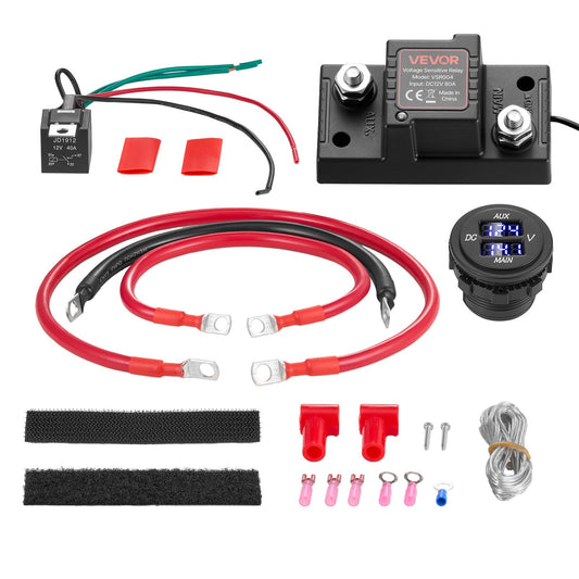 VEVOR Kit aislador de batería doble, 12 V 80 amperios, 60 cm (2 pies), 6 AWG, relé sensible al voltaje VSR manual/automático con voltímetro, pantalla LCD, aislador de batería inteligente