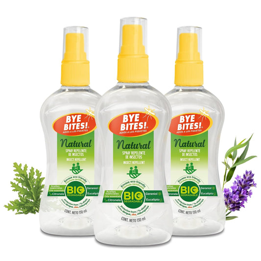 Tripack Spray Repelente de Insectos y Mosquitos Bye Bites! NATURAL, con Citronela y Geraniol, 130 ml - 3 piezas