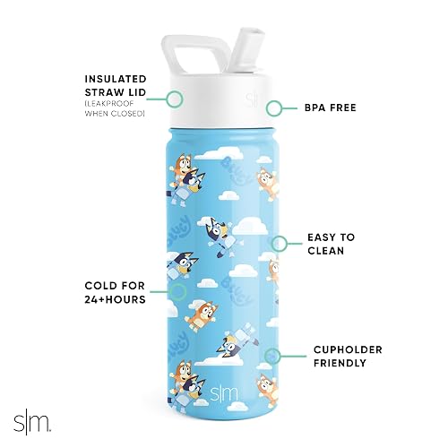 Simple Modern - Botella de agua Summit para niños, con tapa de popote, vaso aislado de acero inoxidable de 18 onzas, para niñas, niños, escuela, Bluey Sky