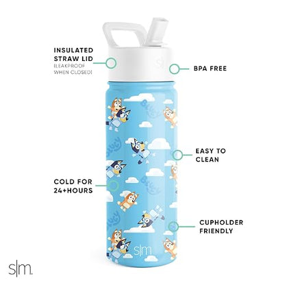 Simple Modern - Botella de agua Summit para niños, con tapa de popote, vaso aislado de acero inoxidable de 18 onzas, para niñas, niños, escuela, Bluey Sky