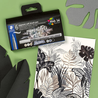 STAEDTLER Pigment Arts - Bolígrafo de pincel suave, color gris, paquete de 6 bolígrafos, 372 C6