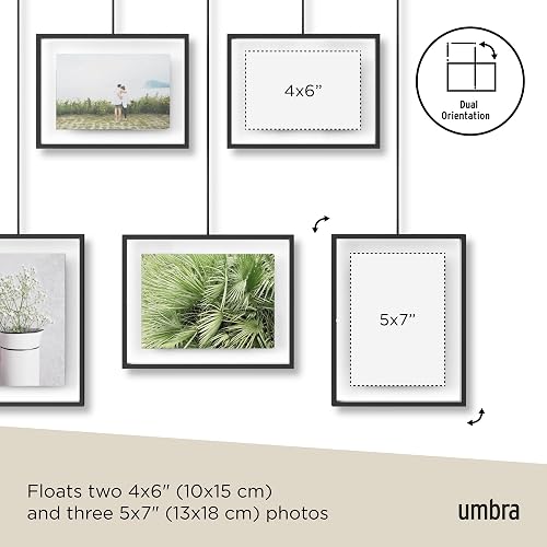Umbra Exhibit Set de 5 Portarretratos Colgantes y Ajustables para Pared (2 de 10x15 y 3 de 13x18 cm), Negro