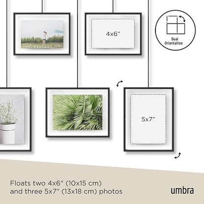 Umbra Exhibit Set de 5 Portarretratos Colgantes y Ajustables para Pared (2 de 10x15 y 3 de 13x18 cm), Negro