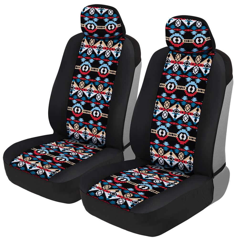 BDK Fundas de Asiento Azul Azteca | Paquete de 2, asientos delanteros, diseño sin laterales, ajuste universal, reposacabezas a juego