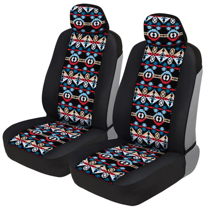 BDK Fundas de Asiento Azul Azteca | Paquete de 2, asientos delanteros, diseño sin laterales, ajuste universal, reposacabezas a juego