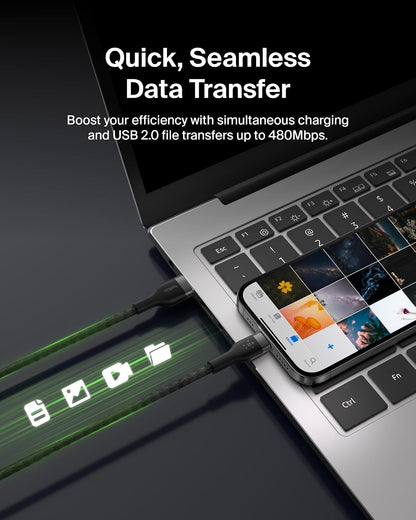 Belkin BoostCharge Pro Flex Cable trenzado USB-C a USB-A (1 M/3.3 pies), cable tipo C a A Cable de carga rápida con certificación USB-C USB-IF para iPhone 16 Series, iPad Pro, Galaxy S24, Note, Pixel