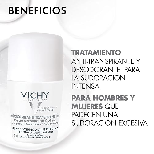 Vichy DEOS Desodorante Anti-transpirante Calmante Roll-On 48H para Piel Muy Sensible o Depilada, Fórmula Hipoalergénica sin Alcohol ni Perfume, Cuidado Anti-Irritación, 50 ml