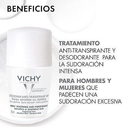 Vichy DEOS Desodorante Anti-transpirante Calmante Roll-On 48H para Piel Muy Sensible o Depilada, Fórmula Hipoalergénica sin Alcohol ni Perfume, Cuidado Anti-Irritación, 50 ml