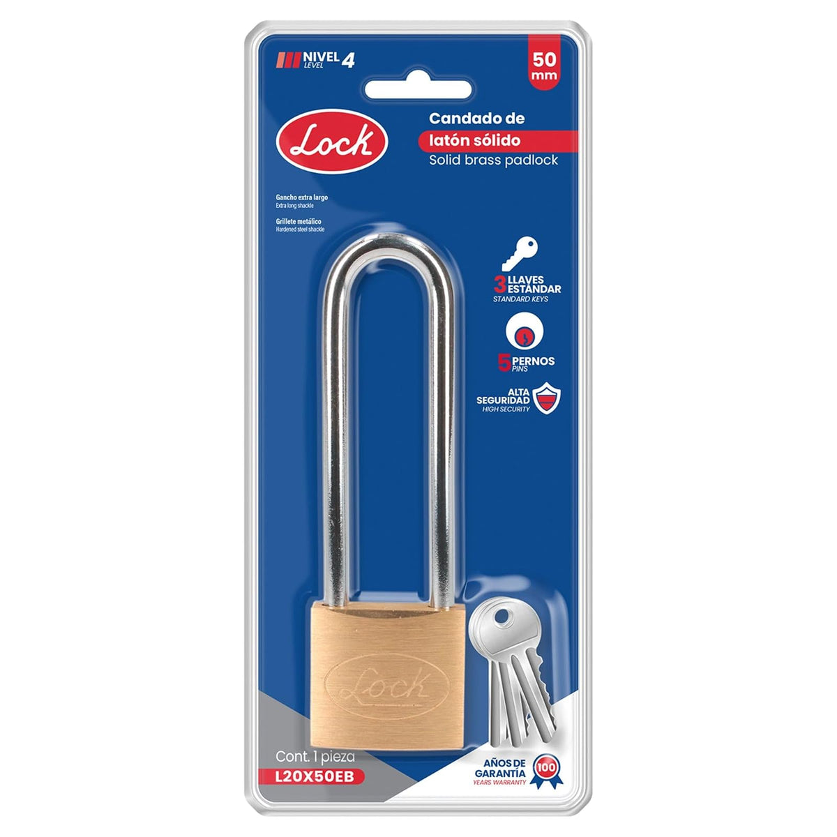 Lock L20X30EB Candado de Latón Extra Largo Llave Estándar, 30 mm