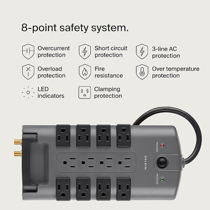 Belkin BP112230-08 Supresor de Picos Enchufe de Pivote, 12 Salidas, 4320J, 2.4 metros, Gris