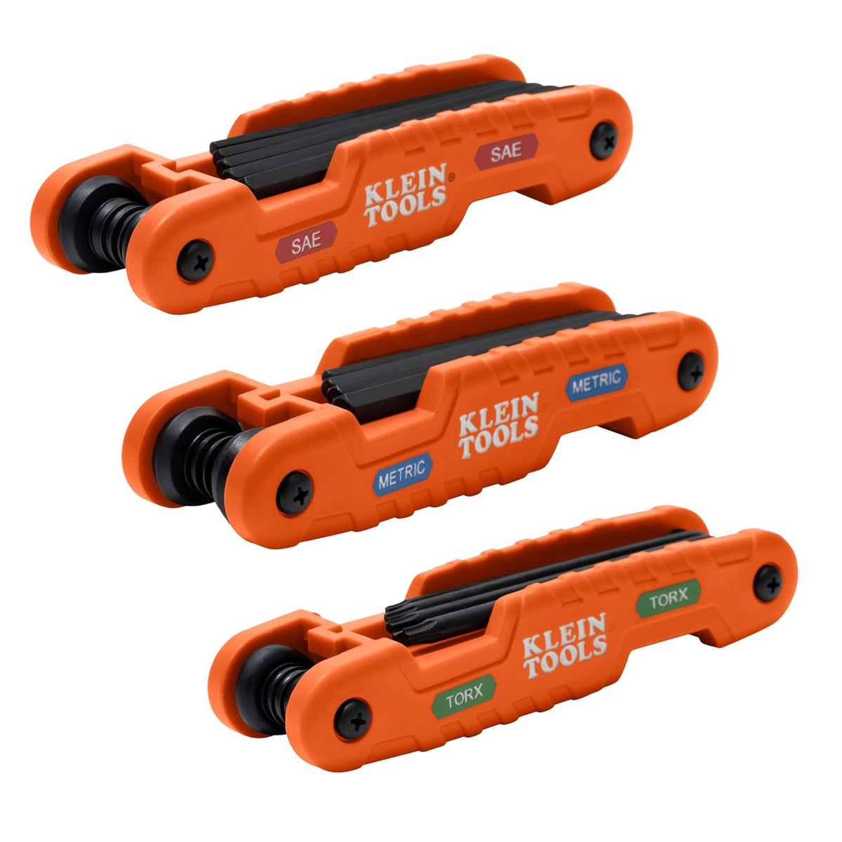 Klein Tools 70553 Juego de llaves hexagonales plegables Pro de 3 piezas, métricas, SAE, tamaños Torx, 31 llaves, acero aleado tratado térmicamente de fuerza industrial - TORX, SAE y kit métrico