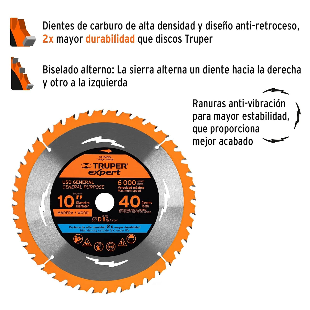 Truper Expert ST-1040EX, Disco sierra 10" para madera 40 dientes centro 1"