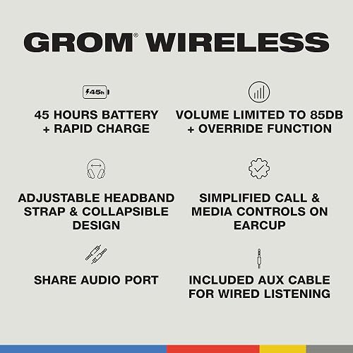 Skullcandy Grom Wireless Over-Ear Volume-Limiting Audio Headphones - Black | Designed for Kids 6+, 45 Hours Battery, Backup 3.5mm AUX Cable Included with Built-In Microphone, Comfortable Fit for Travel