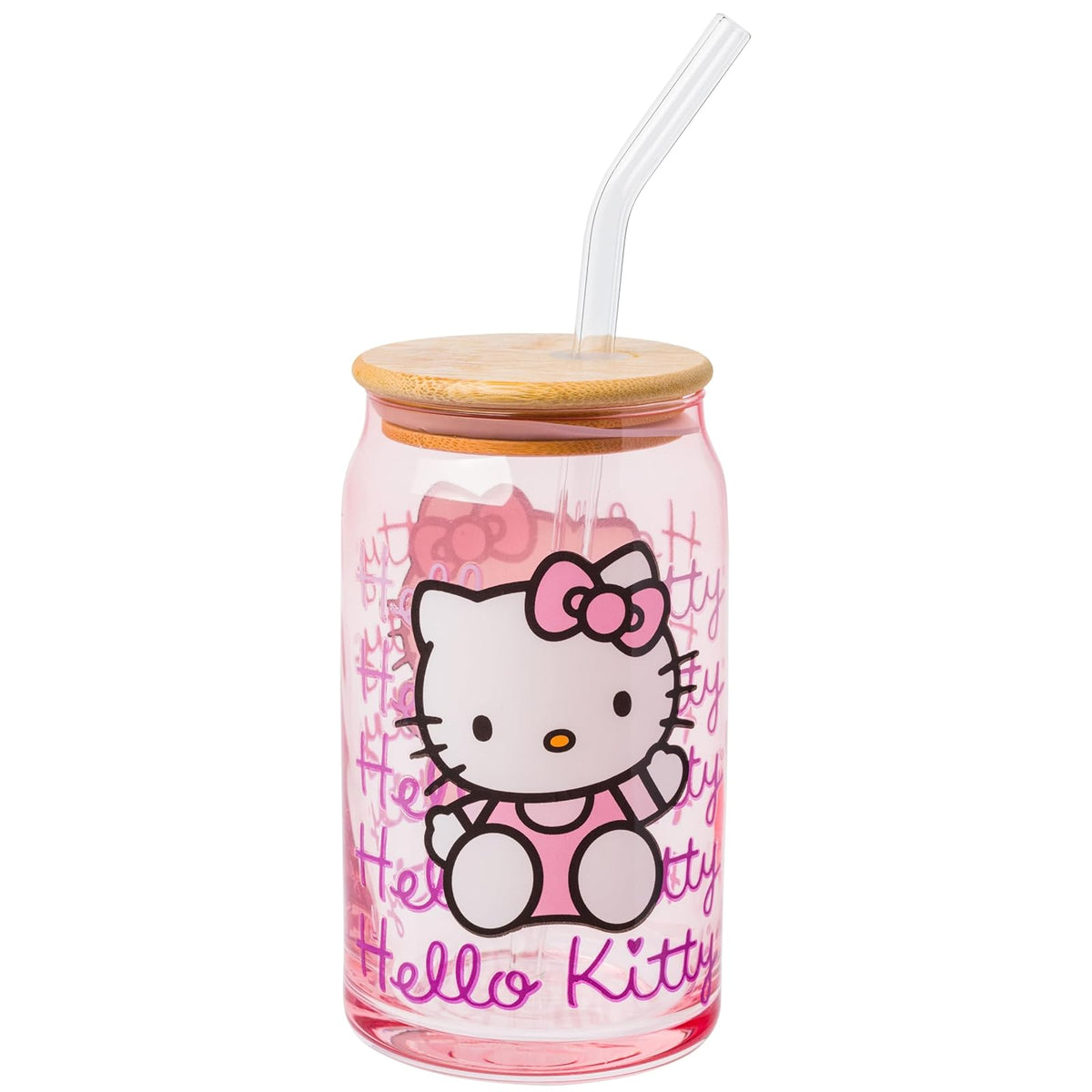 Silver Buffalo Sanrio Hello Kitty - Vaso de vidrio rosa con tapa de bambú y popote de vidrio, 16 onzas