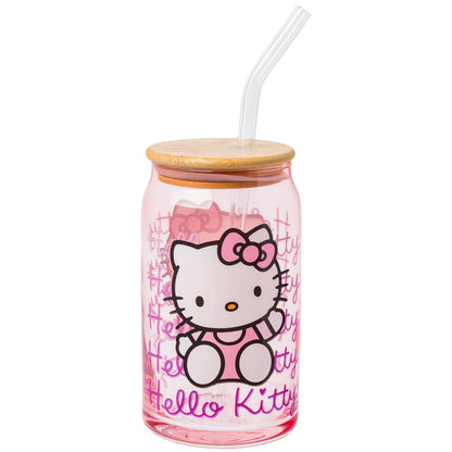 Silver Buffalo Sanrio Hello Kitty - Vaso de vidrio rosa con tapa de bambú y popote de vidrio, 16 onzas