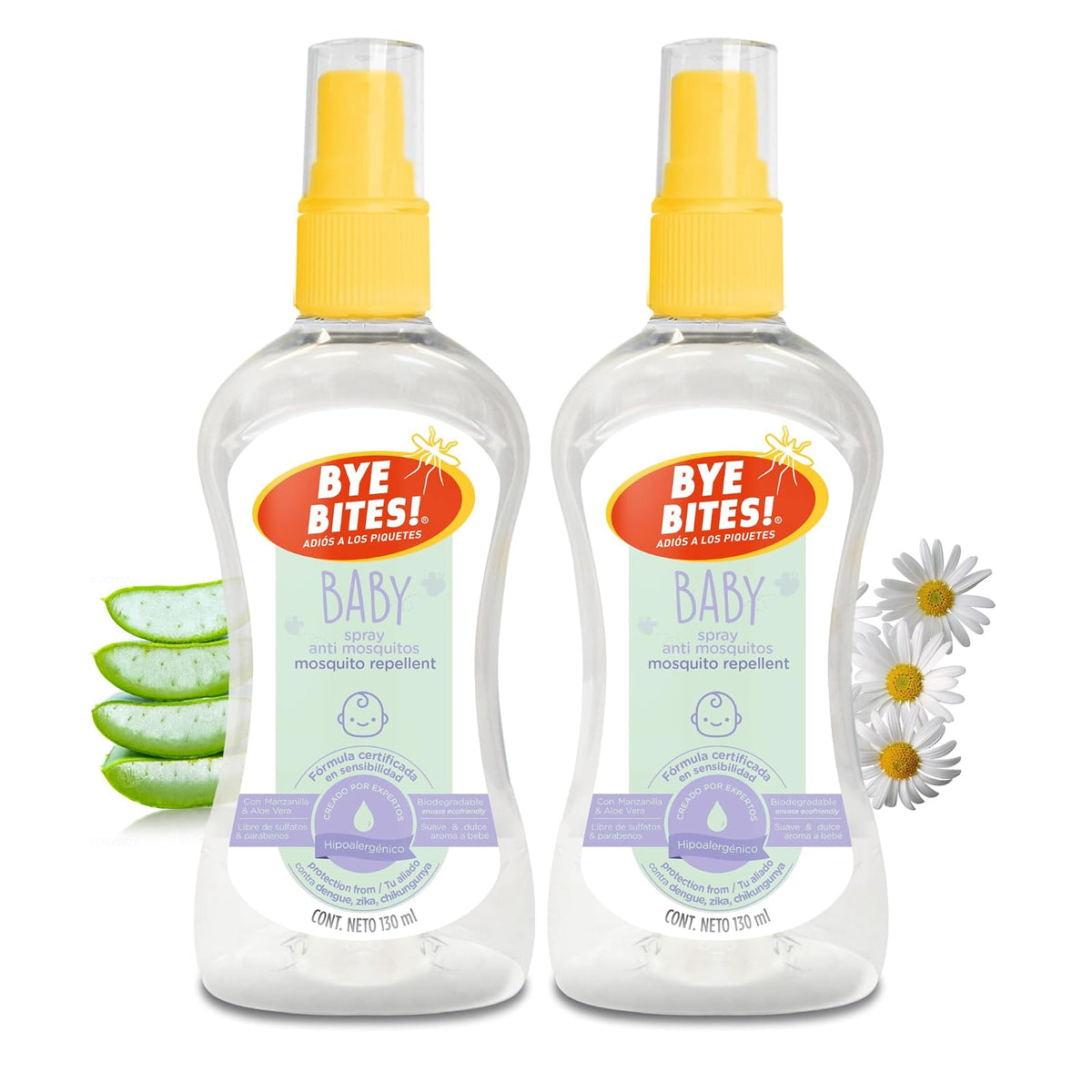 BYE BITES Repelente de Mosquitos BABY en Spray - Fórmula Para Piel Sensible - Hipoalergénico y Libre de Parabenos - Con Aroma a Manzanilla - En DUOPACK de 130 ml c/pieza - Protégete de los Insectos