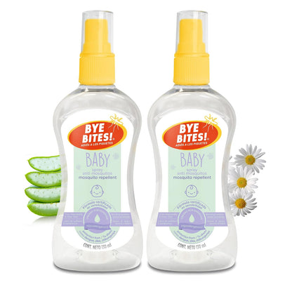 BYE BITES Repelente de Mosquitos BABY en Spray - Fórmula Para Piel Sensible - Hipoalergénico y Libre de Parabenos - Con Aroma a Manzanilla - En DUOPACK de 130 ml c/pieza - Protégete de los Insectos