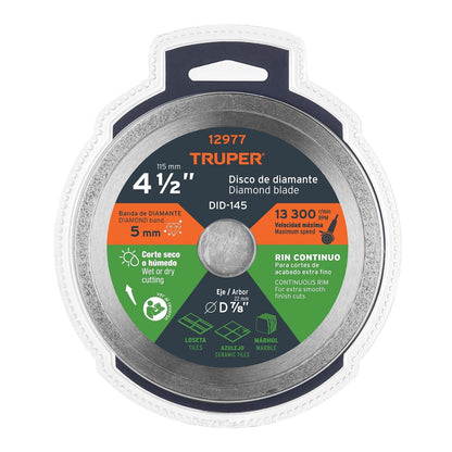 Truper DID-145, Disco de diamante de 4-1/2" x 1.6 mm, rin continuo