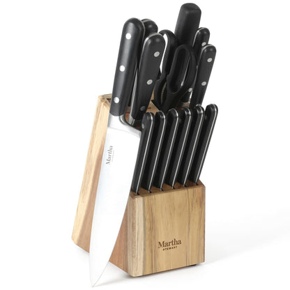 Martha Stewart Eastwalk 14 Piece High Carbon Stainless Steel Cutlery Knife Block Set w/ABS Triple Riveted Forged Handle Acacia Wood Block - Matte Black