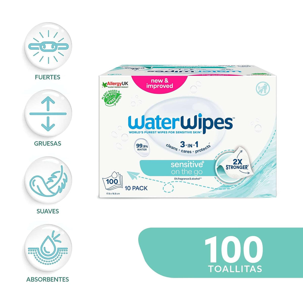WATERWIPES, Toallitas Húmedas Sensitive+ On The Go, Limpieza 3 en 1, Hipoalergénicas, 10 Paquetes de 10 Piezas