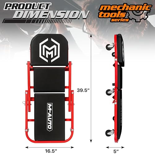 M-Auto Asiento Plegable de 40 Pulgadas, Silla de cochera Ajustable Todo en uno, para tumbarse o Sentarse, Capacidad de 330 Libras Debajo del Automóvil con 6 Ruedas giratorias, Rojo