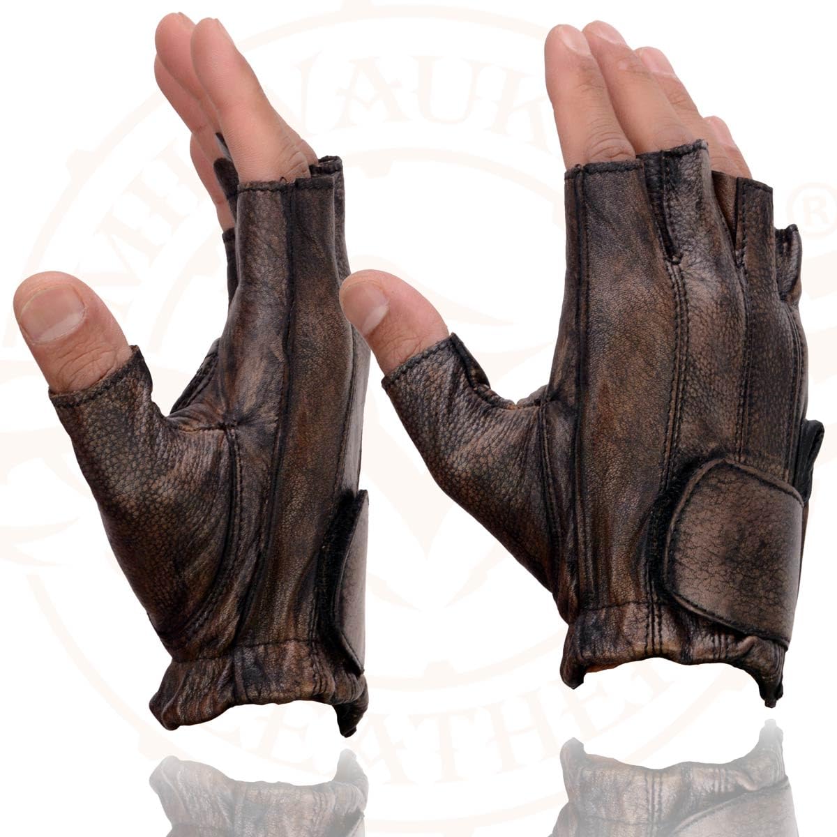 Milwaukee Leather Guantes de Piel para Motocicleta MG7561, Acolchados, sin Dedos, Marrón, Talla L
